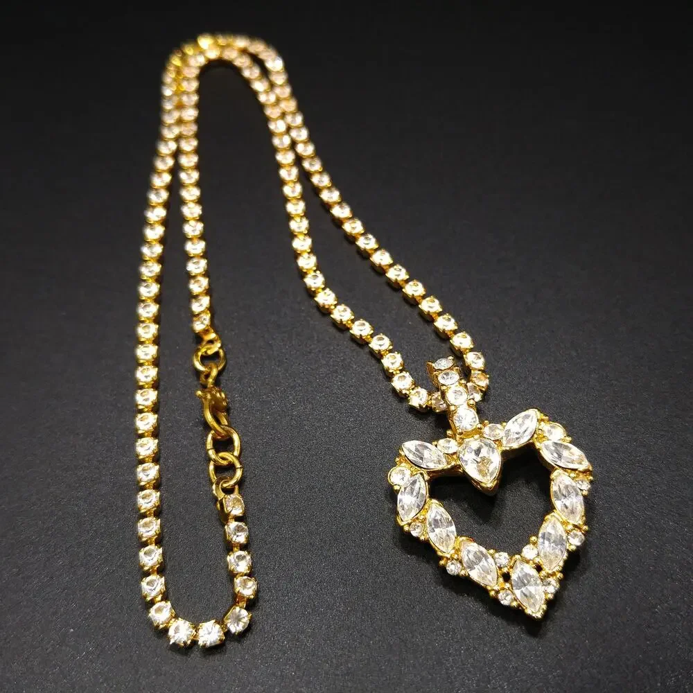Vintage Monet Rhinestone Heart Necklace Gold Tone Marquise 1970s